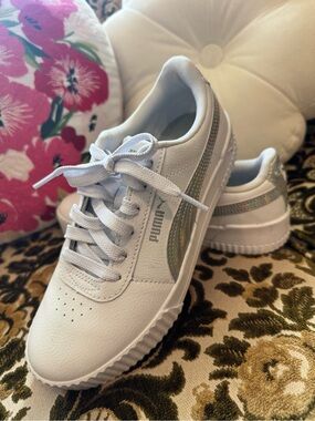 Puma White Carina Sneakers with Iridescent Stripes. New/no box.